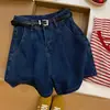 Shorts de mezclilla de cintura alta para mujer, nuevo diseño de verano, línea A plisada, corte holgado, shorts de pierna ancha adelgazantes que ocultan la grasa corporal y te hacen lucir más delgada