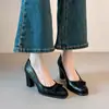 Zapatos de tacón bajo de estilo francés vintage con boca ancha y puntera cuadrada, tacón grueso, lazo, Mary Jane para mujer, tacones altos para ir al trabajo