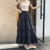 Saia de Bolo Dividida Patchwork Azul Xadrez Estilo College para Mulheres, Saia Longa Elegante de Cintura Alta Elástica para o Verão, Linha A