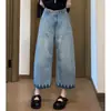 Jeans azules rotos cropped de talla grande para mujer, estilo fino de verano, pantalones rectos anchos holgados de cintura alta adelgazantes para mujeres de talla grande