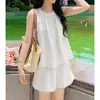Conjunto esportivo estilo Yamamoto para mulheres, nova coleção de verão, top sem mangas estilo halter casual e shorts de perna larga da moda conjunto de duas peças
