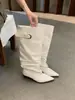Botas de Cano Largo Europeias e Americanas Retrô Bico Fino Plissadas Empilhadas Coberturas de Bota Manga Decoração com Fivela de Couro Botas Altas Não Acima do Joelho Botas de Equitação