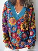 Sudadera con capucha informal de estilo nuevo transfronterizo para mujer, estampado de bloques de color, cuello en V, manga larga, estilo perezoso, europeo y americano