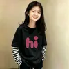 Camiseta de manga larga de algodón puro con retazos a rayas para niñas, versátil, para primavera y otoño, para niños mayores, estilo coreano, corte holgado, efecto dos piezas, moderna