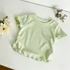 Camiseta Infantil Feminina Doce de Manga Curta com Babados, Camiseta Base Multicor Esticável com Costela para o Verão, Roupa Infantil Versátil, Peça Única Dropshipping