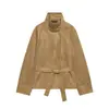 Comercio exterior transfronterizo para mujer, chaqueta corta de terciopelo con mangas largas, cuello alto, botones inclinados, cinturón para ceñir la cintura, top de chaqueta corta para el día a día