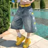 Pantalones Cortos de Verano Lavados de Mezclilla con Bordado de Estrella Estilo Americano Unisex Rectos Holgados Casuales de Pierna Ancha Versátiles Algodón