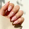 Unhas Wearable Rosa Nude com Bolinhas Brancas, Pontas de Unha Postiça Removíveis Longas em Formato de Amêndoa, Item Popular para Atacado