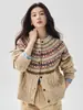 Cardigã de tricô estilo Fair Isle retrô, 100% caxemira, modelagem solta, com padrões florais