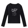 Top de manga larga para mujer, nuevo estilo primavera y otoño, cuello en U, hombro normal, estampado de gato de dibujos animados, corte ajustado, favorecedor, camiseta básica de moda para mujer