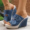 Nuevas sandalias de cuña estilo retro de mezclilla transfronterizas europeas y americanas, sandalias de suela gruesa de talla grande, talla 43, zapatos de exportación