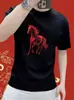 Camiseta de Manga Corta de Algodón Puro con Estampado de Caballo para Hombre, Estilo Rojo de Alta Gama para el Año del Caballo 2026, Top para el Año de Nacimiento