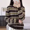 Cardigan de Tricô Listrado com Gola Redonda 100% Algodão Outono 2026 Feminino, Suéter Top Casaco de Corte Amplo, Jaqueta Feminina