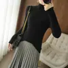 Suéter de Lã Pura Gola Alta Feminino Cor Sólida Suéter de Listras Verticais Cor Sólida Emagrecedor Suéter de Tricô Temperamento Simples Camisa Básica Outono
