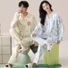 Ropa de Casa Pura de Algodón para Mujer, 100% Algodón, Se Puede Usar Afuera, Atuendo de Pareja, Cárdigan, Solapa, Pijama de Dibujos Animados, Conjunto de Dos Piezas
