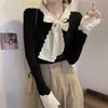 Camisa base de tricô com laço de renda para mulheres, moda primavera, suéter pequeno estilo Chanel, camada interna para looks Miu Miu, top vermelho