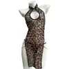 Lingerie sexy, vestido de malha com estampa de leopardo transparente, camisola de puro desejo, conjunto de camisola para dormir sem remoção para mulheres 4176