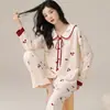 Algodón Lycra Pijama de Manga Larga para Mujer 2026 Nuevo Primavera y Otoño Dibujos Animados Dulce Holgado Conjunto de Cardigan Ropa de Casa