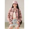 Camisa a cuadros rosa estilo Hong Kong para mujer, diseño holgado, top casual holgado de manga larga