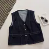 Chaleco Vaquero Retro de Bloques de Color con Cuello en V Estilo Old Money para Mujer, Cárdigan de Primavera y Otoño, Chaleco Casual Ajustado para Mujeres Pequeñas