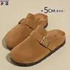 Versión de cuero de mules para mujer sin espalda con suela de corcho para aumentar la altura, estilo Birkenstock, zapatos perezosos sin cordones