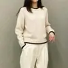 Suéter de Punto de Lana Pura con Bloques de Color y Cuello Redondo para Mujer, Estilo Jersey, Elegante para Ir al Trabajo, Corte Holgado, Casual, Suave y Acogedor, Top Básico de Manga Larga