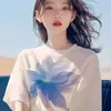 Camiseta Negra de Manga Corta para Mujer 2026 Verano Nuevo Estilo Holgada Adelgazante Moda Diseño de Mujer Top con Estampado Floral