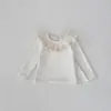 Conjunto para Niña Bebé Top de Manga Larga de Algodón Puro con Cuello de Encaje Overol de Color Sólido con Dibujos y Broches en la Entrepierna Conjunto de Dos Piezas