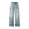 Jeans de Moda para Hombre Muqiu, Tendencia Retro Americano, Lavado, Estampado de Graffiti Rayo, Pantalones Largos Sueltos de Pierna Ancha para Hombre