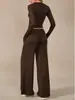 Conjunto de Dos Piezas Estilo Perezoso Europeo y Americano Top Corto Marrón de Manga Larga Pantalones Casuales de Pierna Ancha Traje de Moda y Cómodo para Mujer