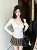 Camiseta de Manga Larga con Diseño de Cuello en V Estilo Puro Deseo Pliegues Retorcidos para Mujer Nueva Temporada Otoño/Invierno Adelgazante Favorecedora Camisa Base Interior