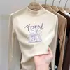 Camiseta casual de manga comprida infantil, novo estilo 2026, camada interna quentinha para meninas, top com gola alta e meio zíper em fleece dupla face