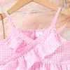 Top de Tirantes Irregulares de Cuadros Rosas, Jeans Vintage, Ropa de Playa Dulce y Fresca para Niñas, Nuevo de Verano Europeo y Americano Transfronterizo