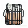 Juego de Herramientas para Parrilla Cuadradas con Mango de Madera con Patrón de Madera de Acero Inoxidable 410 para Cena Familiar de Campamento con Tenedor para Brochetas, Espátula, Brocha para Aceite y Cepillo Limpiador