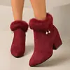 Botas de algodón cálido europeas y americanas, nuevo modelo otoño e invierno 2026, punta fina, tacón grueso, modernas botas de gamuza peludas de tacón alto cortas