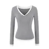 Camisetas de Manga Longa Slim e Chiques com Decote em V para Primavera e Outono, Tops Sexy Elegantes com Botões, Falsos Duas Peças, Color Block, Camisetas Básicas para Mulheres