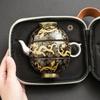 999 Plata Dorada Doble Dragón Jugando con Perlas Taza Rápida Portátil para Viajes al Aire Libre Juego de Té Una Tetera Dos Tazas Regalo de Gama Alta