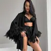 Shorts Lingerie Novo Estilo Europeu e Americano, Conjunto de Três Peças Camisola, Roupa de Dormir de Seda Sintética, Pijama de Cetim com Penas de Outono para Mulheres, Transfronteiriço