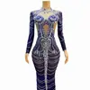 Vestido Longo Azul para Celebração de Aniversário, Cristal Prateado, Vestido de Noite, Roupa para Balada, Tule Transparente,