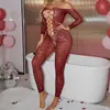 Lencería erótica vintage de una pieza hueca color burdeos, estilo europeo y americano transfronterizo, de manga larga, rasgada, sin tirantes, conjunto sexy de malla transparente w873