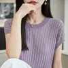 Suave y glutinoso Lyocell Tencel Manga Corta para Mujer Verano Delgado Cuello Redondo Hueco Moda Tejido de Punto Media Manga Holgada Elegante Camiseta