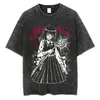 Camiseta Vintage Lavada do Anime Chainsaw Man com Gola de Marinheiro e Padrão Listrado, Camiseta Unissex Respirável e Confortável, Fabricada na China