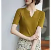 Suéter de lana peinada con cuello en V, color liso, para mujer, fino, de media manga, ajustado, para uso diario, primavera/verano, de punto, de manga corta.