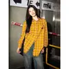 Camisa Cuadros Amarillos Americanos Mujer Retro Top de Pareja Primavera Nuevo Camisa Chaqueta Dopamina Holgada