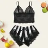 Lingerie Sexy Europeia e Americana Popular Renda Sexy Suspensórios Shorts Listrados de Renda Conjunto de Duas Peças para Casa Feminino