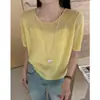 Top de punto ligero y transpirable de color liso, cuello redondo, manga corta, para verano, holgado, adelgazante, moda casual, lujo ligero, camiseta para mujer