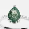 Amazon Transfronterizo Nuevo Producto Anillo de Ágata de Hierba Acuática Natural Forma de Gota de Agua Anillo con Incrustaciones de Piedra de Musgo Verde Plata S925 Estilo Simple