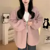 Suéter corto de punto para mujer con patrón de corteza, mangas abullonadas, para otoño e invierno, cárdigan chaqueta versátil y moderno, suéter sin cuello