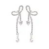 Pendientes de Plata de Ley S925 con Lazo de Diamantes Completos y Perla de Diseño Único, Elegantes y Adelgazantes Pendientes Largos Exquisitos con Borla