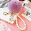 Bola de Pelo de Conejo Perezoso Imitación Cadena de Perlas Lazo Accesorios de Felpa Llavero Colgante Llavero de Bolso Colgante Pequeño Joyería